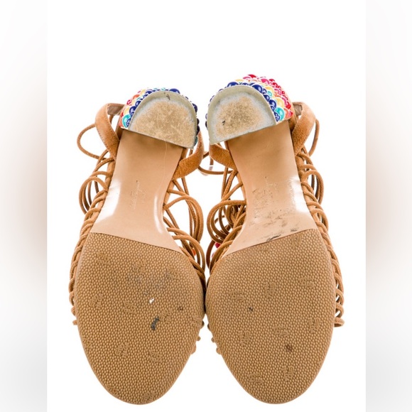 FERRAGAMO Light Brown Suede and Multi-Color Beaded Strappy Sandals. - Picture 3 of 4